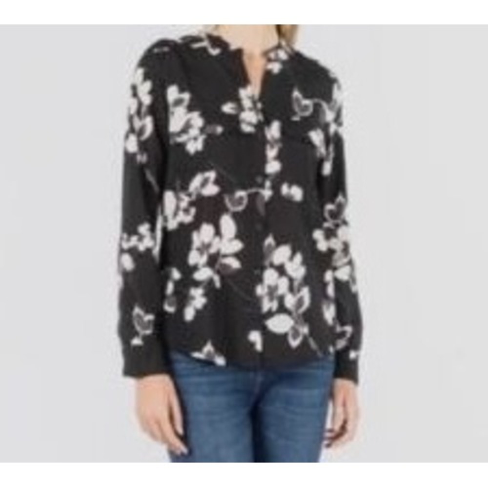 (CL) Calvin Klein Womens Black White Floral Button Down Blouse Long Sleeve Top M